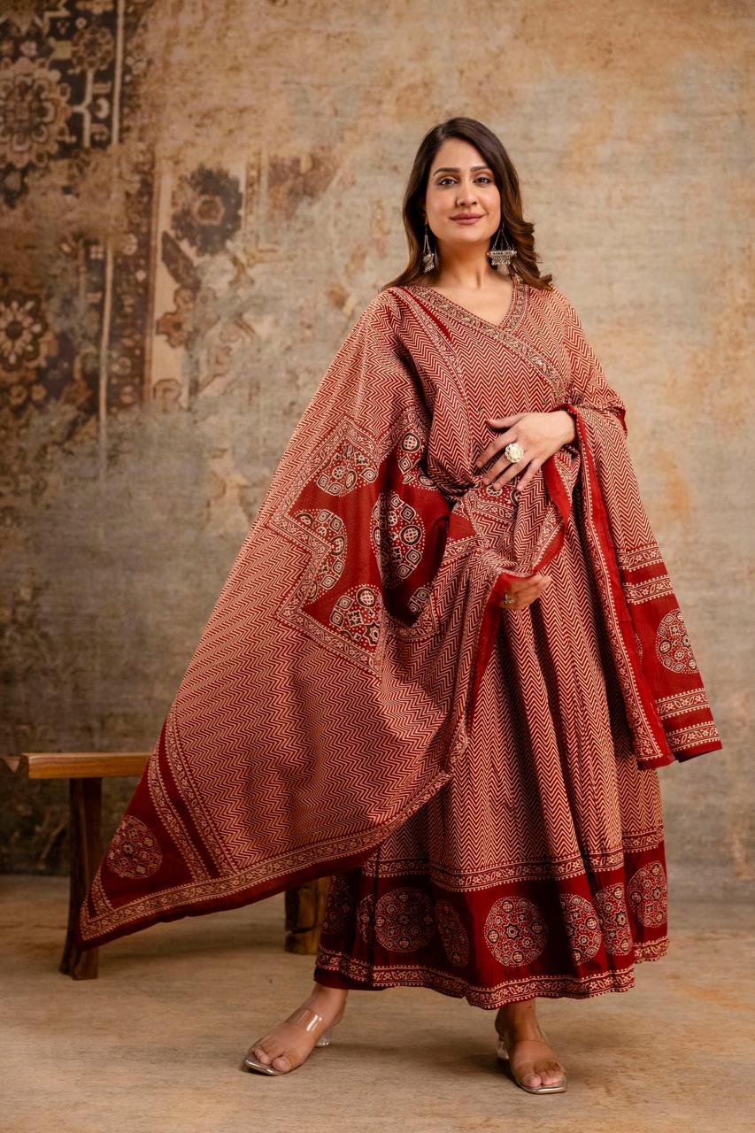 Dhabu cotton A-line kurta pant dupatta set women heavy embroidery festive Jaipur handcrafted