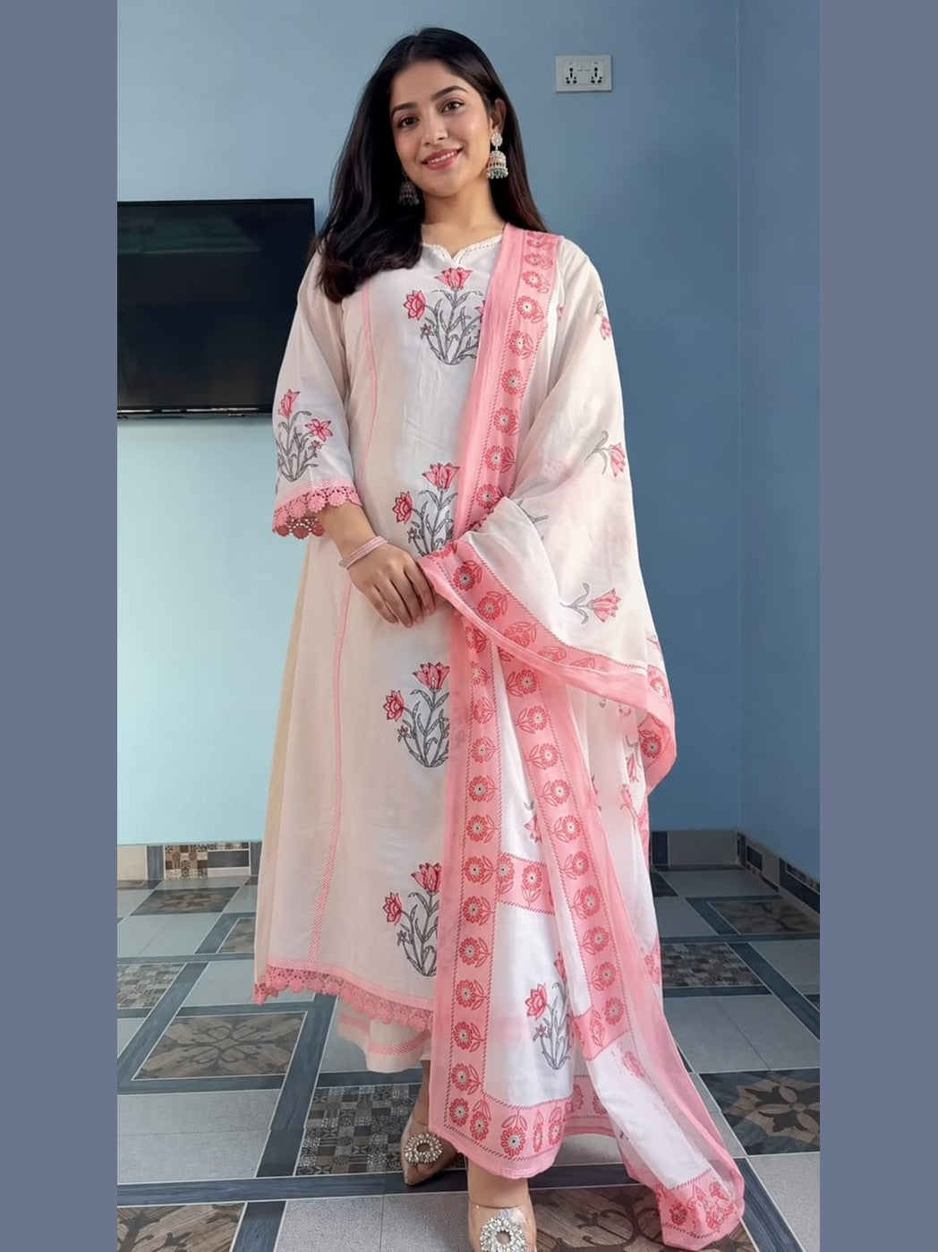Premium dhabu cotton kurta pant dupatta set embroidered A-line for women Resshaa Jaipur