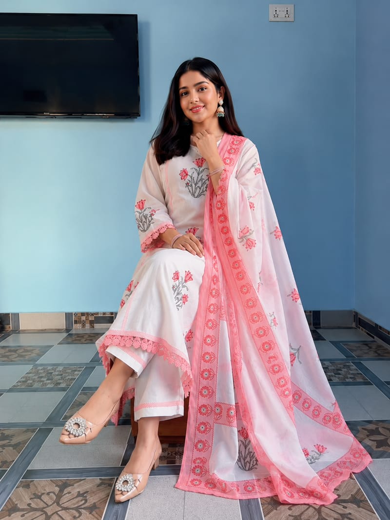 Dhabu cotton embroidered A-line kurta pant set women festive occasion wear buy online Resshaa