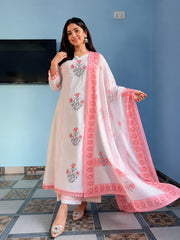 Dhabu cotton A-line 3 piece kurta set women heavy embroidery ethnic festive wear online India